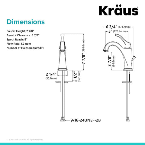 Technical dimensions of Arlo Single Handle Basin Bathroom Faucet With Lift Rod Drain And Deck Plate Spot Free All-Brite