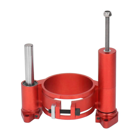 Router Table Insert Plate With Aluminum Mounting Base And Adjustable Lift Rings For Woodworking Setups Red aluminum mount bracket with adjustment features.