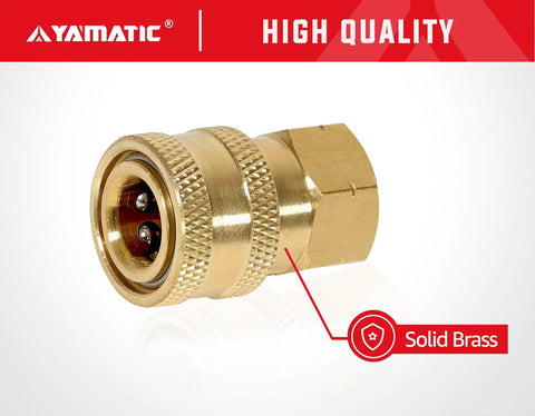 YAMATIC brass pressure washer adapter with 1/4 inch quick-connect, socket to female NPT, solid brass.
