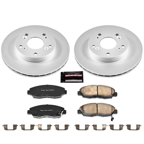 Front Brake Kit For Honda Civic 2006 2011 With Two Z17 Ceramic Pads And Fully Coated Disc Rotors For Superior Stopping Power And Smooth Pedal Feel Reduced Dust Direct Fit Replacement CRK2384 showing components