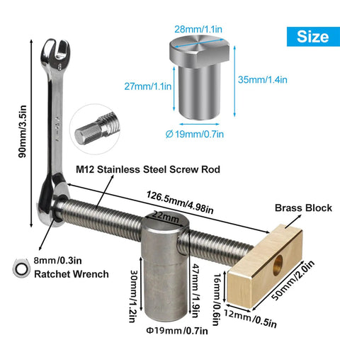 Slick Ace 3/4 Inch Bench Dog Clamps For Woodworking Crews With Rock Solid Stainless Steel Frame Brass Index Stops dimensions and components.