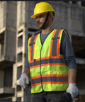 Worker wearing Hi Vis Safety Vest With Multi Pockets 5 Pack Reflective Gear For Work Construction Parking Warehouse Yellow Breathable Lightweight 360 Degree Coverage on construction site