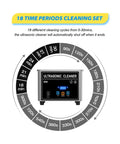 Ultrasonic cleaner with 18 time cycle settings from 0-30 minutes, featuring a digital display for efficient cleaning.