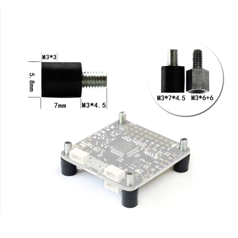 M3 Flight Controller Rubber Standoff Kit Four Pack For FPV Racing Drones Anti Vibration Mounts with studs and nuts, shown with dimensions
