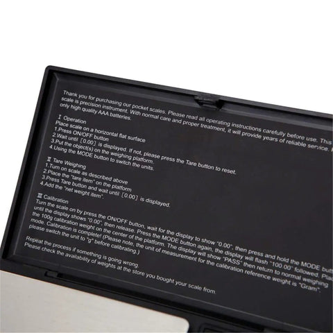 Instructions for Mini Stainless Steel Digital Pocket Scale 0.01g To 500g With Tare Function on black panel