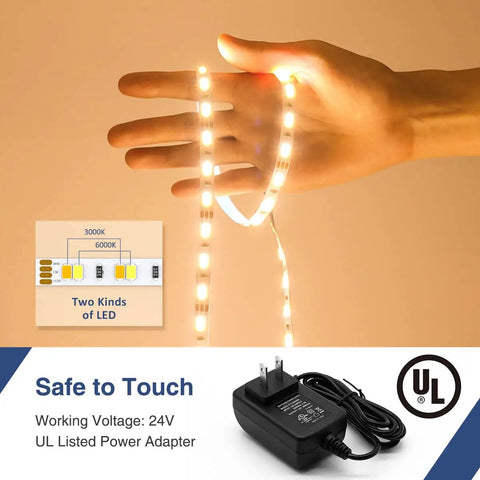 Lit 82ft Dimmable 24V White LED Strip Lights Tunable 3000K To 6000K Rope Light held in hand with power adapter