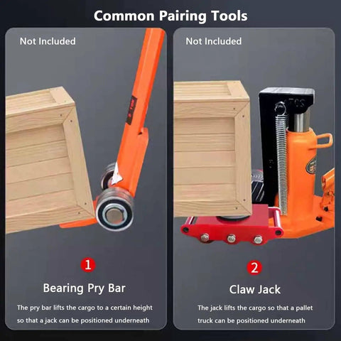 Two industrial tools for heavy machinery: Bearing Pry Bar and Claw Jack aiding Heavy Duty Machinery Roller Skates And Rolling Steel Dolly Carts.