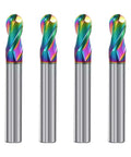 JIANXING 1/8 inch DLC-coated 2-flute carbide ball-nose end mills, rainbow finish, 4-piece set.