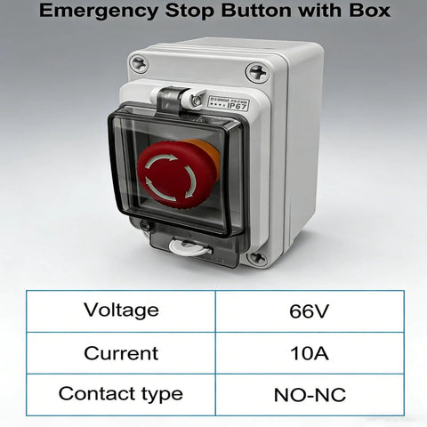 Emergency Stop Button With Weatherproof Box 660V 10A IP67 Red Mushroom Head E Stop Switch For Quick Rugged Power Shutdown Built For Tough Jobs In Harsh Industrial Environments