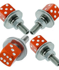 Orange aluminum alloy dice license plate screws set for cars, motorcycles, trucks. Decorative fasteners kit, 4 pcs, bolt frame mounting.