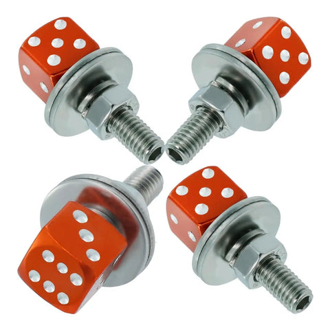 Orange aluminum alloy dice license plate screws set for cars, motorcycles, trucks. Decorative fasteners kit, 4 pcs, bolt frame mounting.