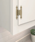 Smooth Swinging Offset Cabinet Hinges With Slick Golden Champagne Finish installed on a white cupboard door.