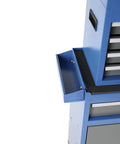 Close-up of blue tool cabinet showing 5 drawers and detachable top box, part of Large Rolling Tool Chest With 5 Drawers On Wheels Detachable Top Box