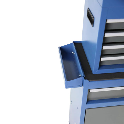 Close-up of blue tool cabinet showing 5 drawers and detachable top box, part of Large Rolling Tool Chest With 5 Drawers On Wheels Detachable Top Box