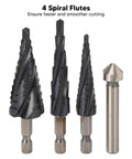 Rock Solid M35 Cobalt Step Drill Bit Set With 4 Flute Spiral Design For Metal Wood Plastic Hole Drilling Including Multi Size Tools And Standard Bits To Make Tough Cuts Easy Without Heating Up Or Breaking Down, 4 flute step bits