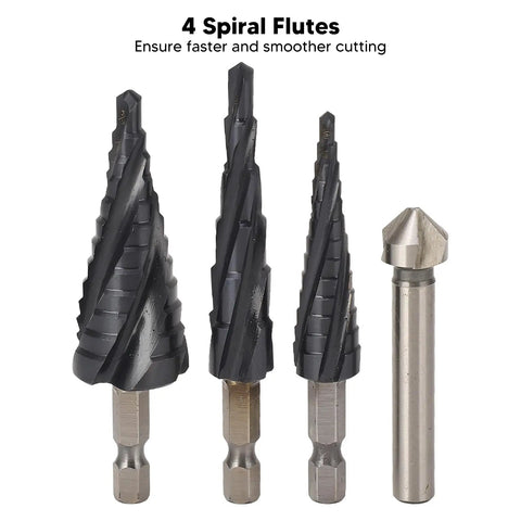 Rock Solid M35 Cobalt Step Drill Bit Set With 4 Flute Spiral Design For Metal Wood Plastic Hole Drilling Including Multi Size Tools And Standard Bits To Make Tough Cuts Easy Without Heating Up Or Breaking Down, 4 flute step bits