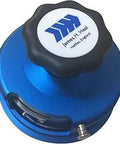 Top view of Textile Weight Cutter For Fabric And Paper Samples, 100 Sq Cm Cutting Area, Double Edged Blades, blue handle close-up.