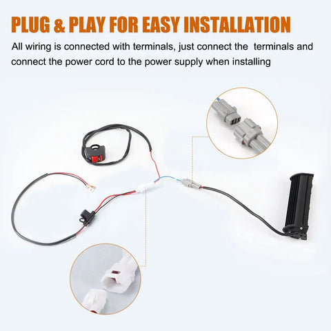 Universal 60W Motorcycle LED Light Bar Kit With On Off Switch wiring components, plug and play installation.