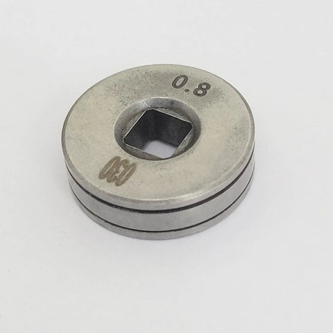 Front view of two metal wire feeder drive rollers, 25 mm diameter, square center hole, smooth grooves