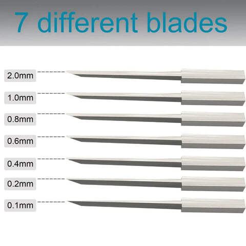Pro Level Rock Solid Model Scriber Kit With Anti Slip Aluminum Handle And Seven Killer Sharp Tungsten Steel Blades, showing seven precise blades.