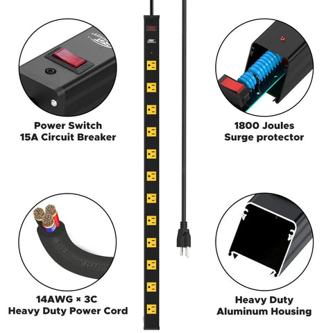 Heavy Duty 12 Outlet Power Strip With 6ft Cord And 1800 Joule Surge Protection, wall mountable design, heavy duty components