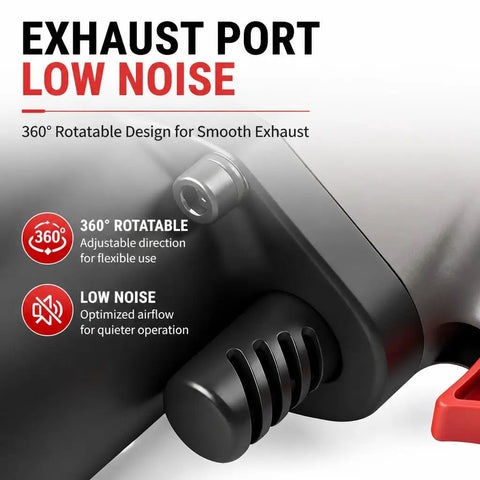 Professional Grade Half Inch Air Impact Wrench Boasting Dual Hammer Action And Stepless Speed Trigger exhaust port showing low noise feature and 360-degree rotation.