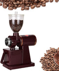 Portable Stainless Steel Electric Conical Burr Coffee Grinder With Eight Gear Precise Settings For Espresso Drip French Press Spice Nut And Grain Grinding, compact design with visible coffee beans.