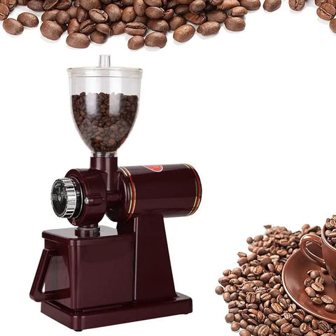 Portable Stainless Steel Electric Conical Burr Coffee Grinder With Eight Gear Precise Settings For Espresso Drip French Press Spice Nut And Grain Grinding, compact design with visible coffee beans.