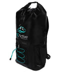20L All Weather Waterproof Dry Bag Backpack For Hiking, Camping, Fishing And Kayaking, black PVC, side view with teal accents