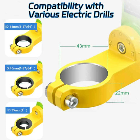 Yellow Floor Drill Press Stand For Hand Drill With 90 Degree Rotating Clamp, size variations for compatibility with electric drills.
