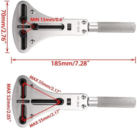 Watch Case Back Opener Kit With Large Wrench And 12 Bits For 55mm Case, DIY Battery Replacement Tool dimensions illustration