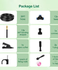 Automatic Garden Watering System With 39Ft Brass Misting Line package list showing hoses, droppers, connectors, and tools.