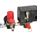 Air compressor pressure switch manifold regulator with red adjustment knob and brass fittings, black control box.