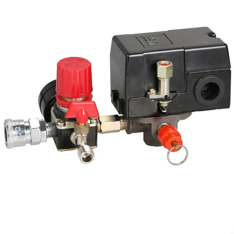 Air compressor pressure switch manifold regulator with red adjustment knob and brass fittings, black control box.