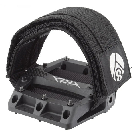 Black strapd platform pedal with 9/16 inch chromoly axle and concave composite body built in strap retention