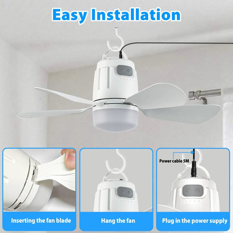 Outdoor Gazebo Ceiling Fan With Light, Plug In Patio Fan With 16.5 Ft Cord, Remote Control, shown with easy installation guide