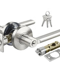 Entry Door Lever In Satin Nickel With Removable Latch Plate For Quick Install, Heavy Duty All Metal Construction shown with keys