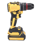 Heavy Duty Cordless Drill And Impact Driver Beast Offering Twenty One Volt Power With Forty Newton Meter Torque side view of drill with lithium battery