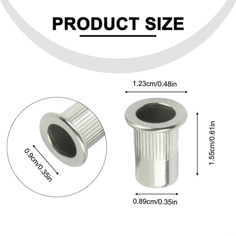 Product size dimensions of Rivet Nut Assortment Kit Stainless Steel One Quarter Twenty Flat Head Knurled Rivet Nuts For Metal Plastic and Fiberglass