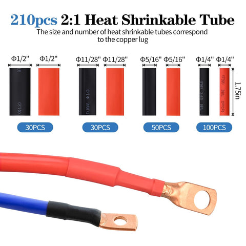 Beefed Up Battery Cable Lug Crimping Tool Kit With 170 Copper Wire Lugs And 210 Dual Wall Adhesive Heat Shrink Tubing details