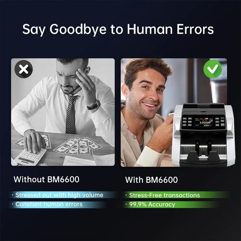 Comparison of stressed male counting money manually versus smiling male using Mixed Denomination Money Counter With Bank Grade CIS UV MG IR Counterfeit Detector Touch Screen Printer Compatible Fast Cash Count Without Sorting Accurate Note Count And Total Value For Your Biz