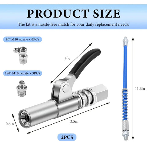 12 Piece Pro Grade Workhorse Grease Gun Coupler Kit With Lock On Tips, 12 Inch Flexible Hose And 9 Nipple Nozzles, 10000 PSI