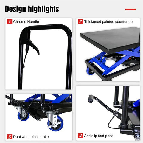 Design highlights of Heavy Duty Hydraulic Scissor Lift Table Cart 500 Pound Capacity Mobile Platform Trolley with chrome handle.