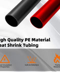 Black and red PE material heat shrink tubing, insulation properties labeled, part of Heat Shrink Tubing Kit With Adhesive Lined 2 To 1 Ratio 150 Pcs Eight Sizes From 2mm To 13mm 30 To 100mm Lengths Pro Grade Wire Repair DIY Electrical Insulation Tough DIY Workshop Gear Black And Red.