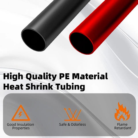 Black and red PE material heat shrink tubing, insulation properties labeled, part of Heat Shrink Tubing Kit With Adhesive Lined 2 To 1 Ratio 150 Pcs Eight Sizes From 2mm To 13mm 30 To 100mm Lengths Pro Grade Wire Repair DIY Electrical Insulation Tough DIY Workshop Gear Black And Red.