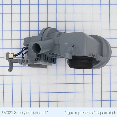 Gray plastic Clothes Washer Drain Pump Replacement Direct Fit For W10605427 W10425238 120V 60Hz 0.95A on grid background.