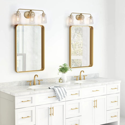 Soft Gold Three Light Vanity Fixture With Seeded Glass Shades For Bathroom Over Mirror Modern Gold Bath Lighting Upgrade