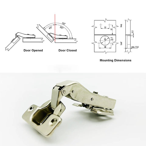 Heavy Duty 45 Degree Cabinet Hinge With Smooth As Butter Hydraulic Soft Close 35Mm Cup For Corner Overlay Doors Zero Slam Quick Clip Setup Pack Of 4 Hardware Pieces close-up view showing hinge mechanism and mounting dimensions.