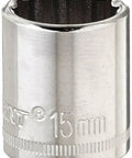 Three Eighths Inch Drive 12 Point Standard Metric Socket 15mm Built Tough With Chrome Vanadium Steel Nickel Chrome Plating