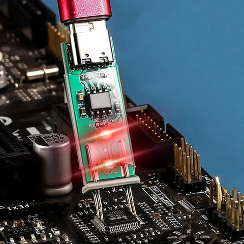 Digital Optocoupler Tester With Type-C USB Interface plugged into a circuit board with glowing LED indicator, showcasing PCB connection.